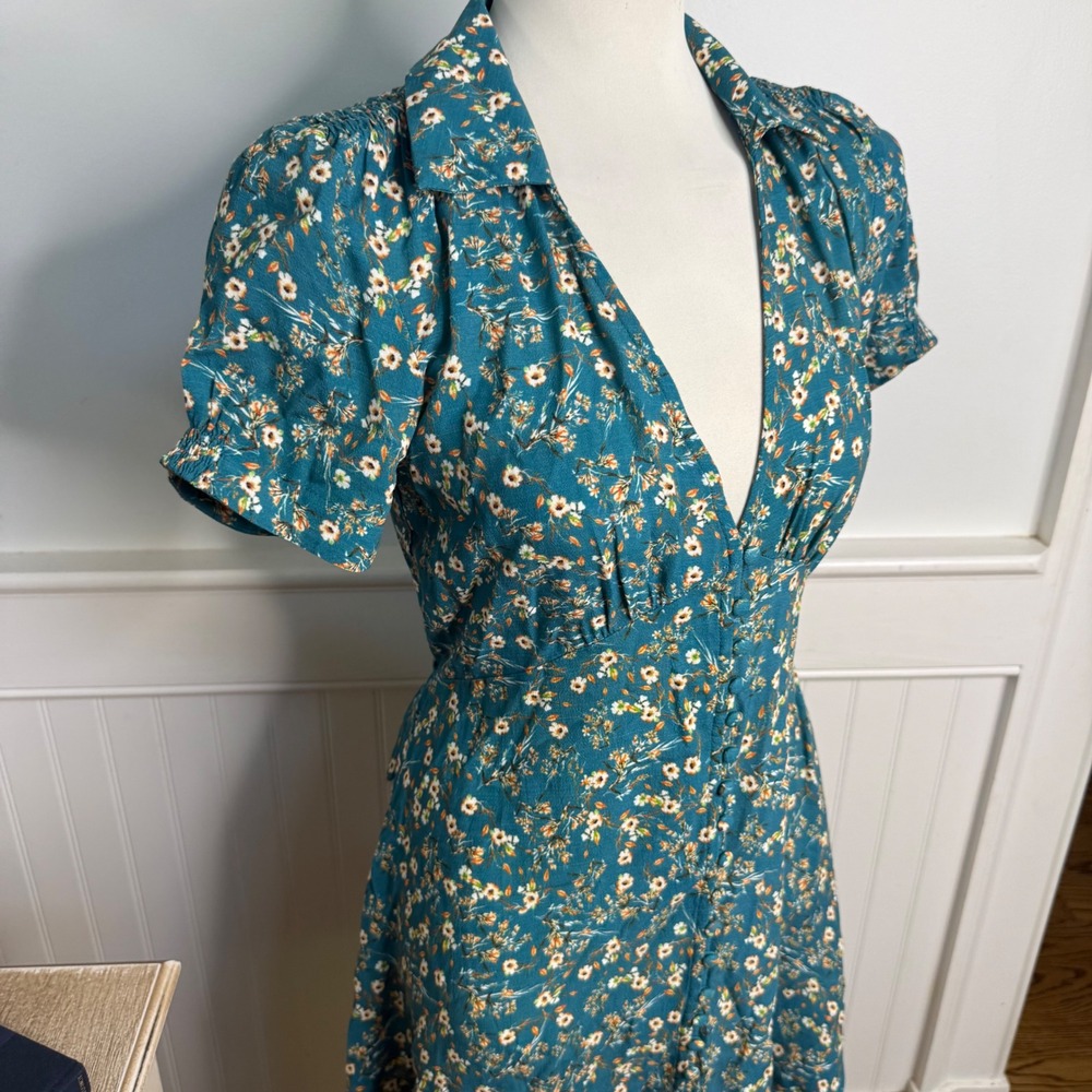 Natural Life Teal Floral Button Front Mini Dress Short Puff Sleeve XS Boho NWOT - Picture 2 of 7